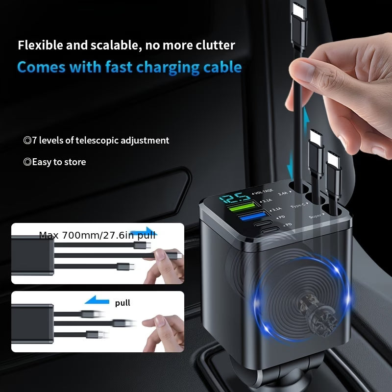 Car Charger, 5080 Super Fast Charging Retractable Cable 7-In-1 Car Charger
