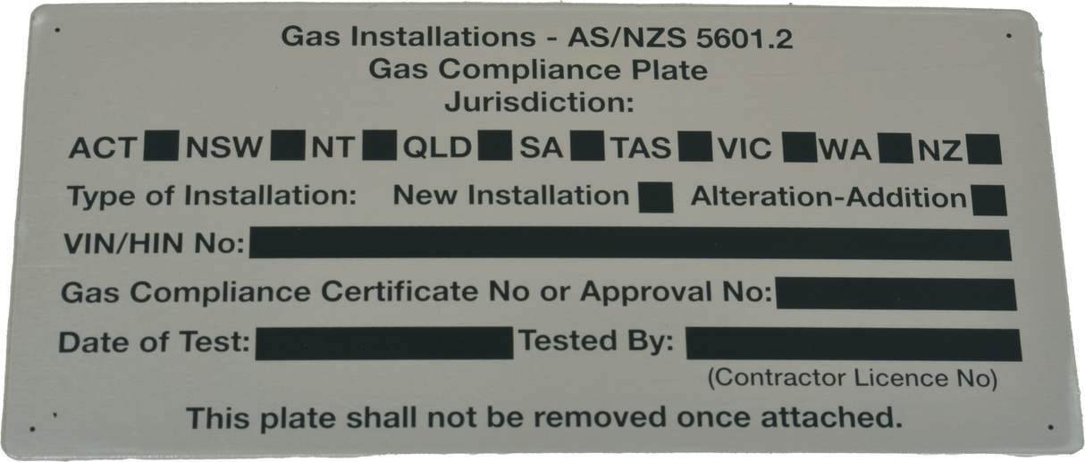 LPG Compliance Plate AS/NZS 5601.2