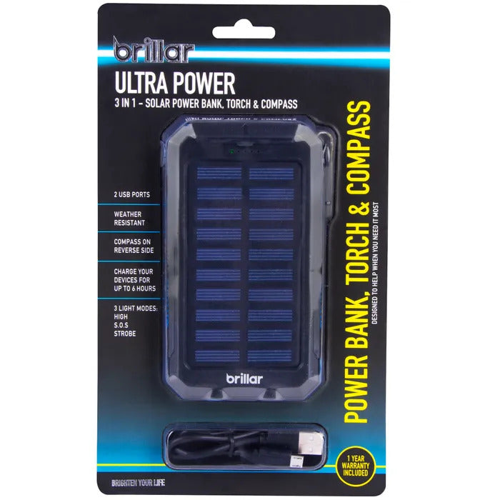 Brillar Ultra-Power 3-in-1 Solar Powerbank w/ Torch & Compass