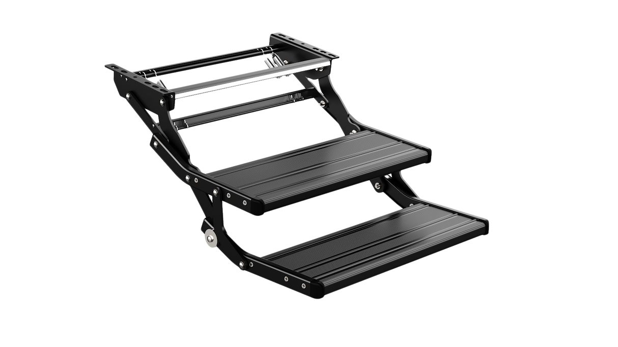 On the road RV Double Folding Manual Step with LED Light Black