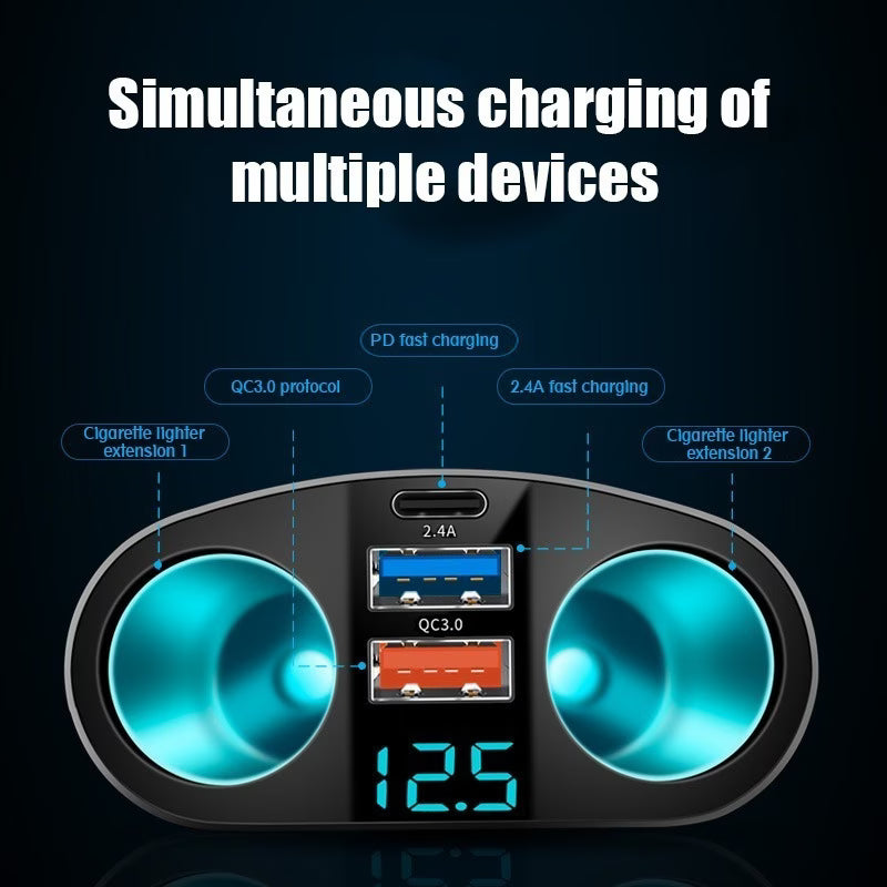 Dual USB+Type-C Car Charger with Digital Display