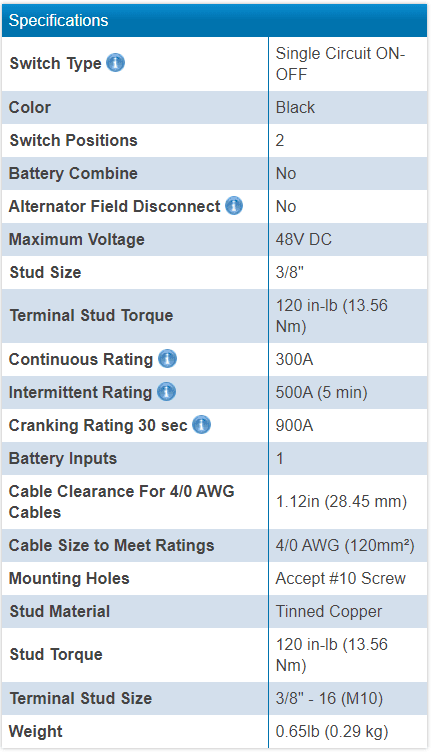 Blue Sea 300A Black Mini m-Series On/Off Battery Switch