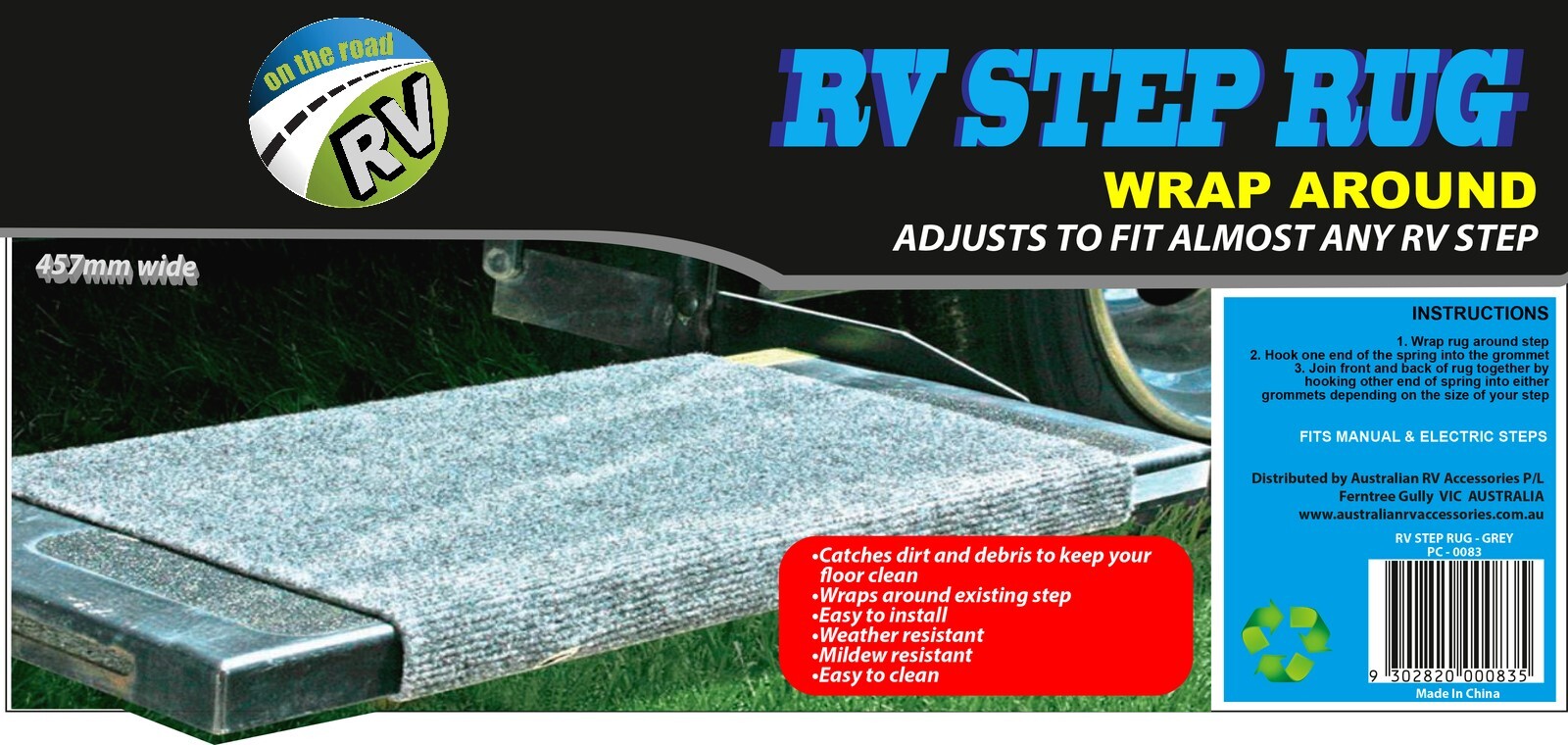 Plus RV Step Rug Stone Gray 23 In Wide Prest-O-Fit 2-1053 Jumbo Wraparound 