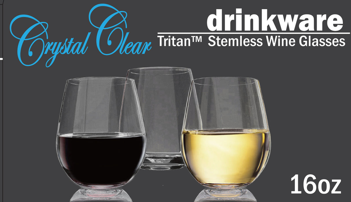 Crystal Clear Tritan Stemless White Wine Glasses 16oz - Set of 4