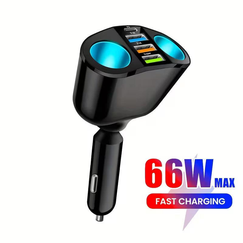 6-Port USB Car Charger with Cigarette Lighter, Type C
