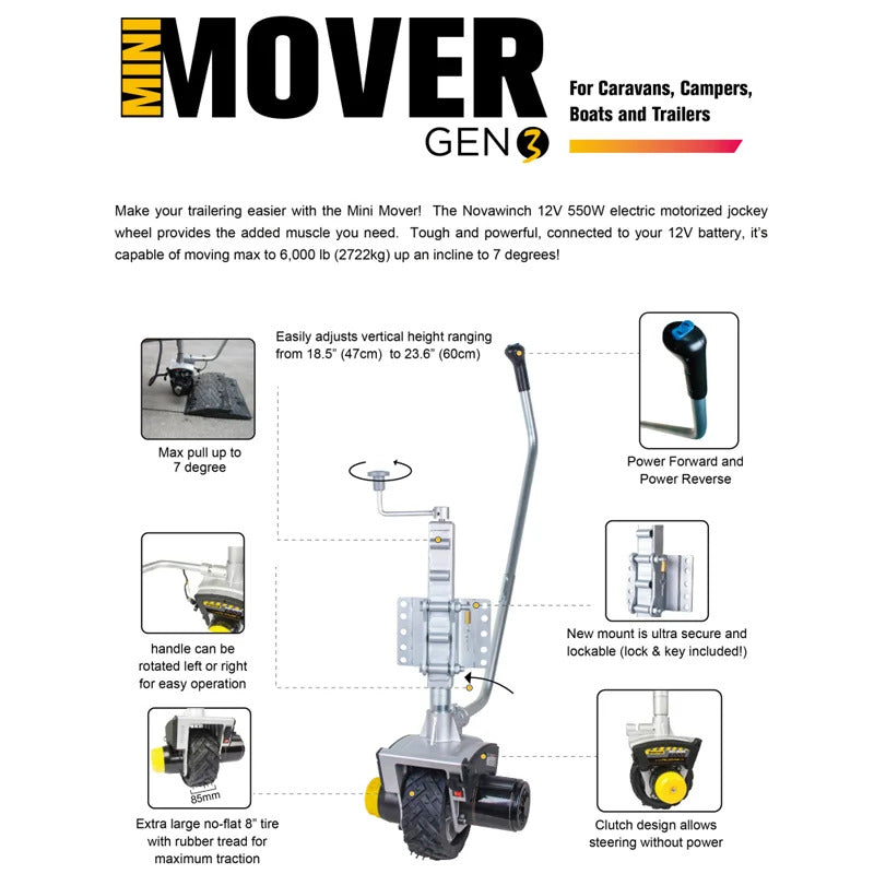 Motorised Electric Caravan Mini Mover Jockey Wheel GEN3 12v 550W