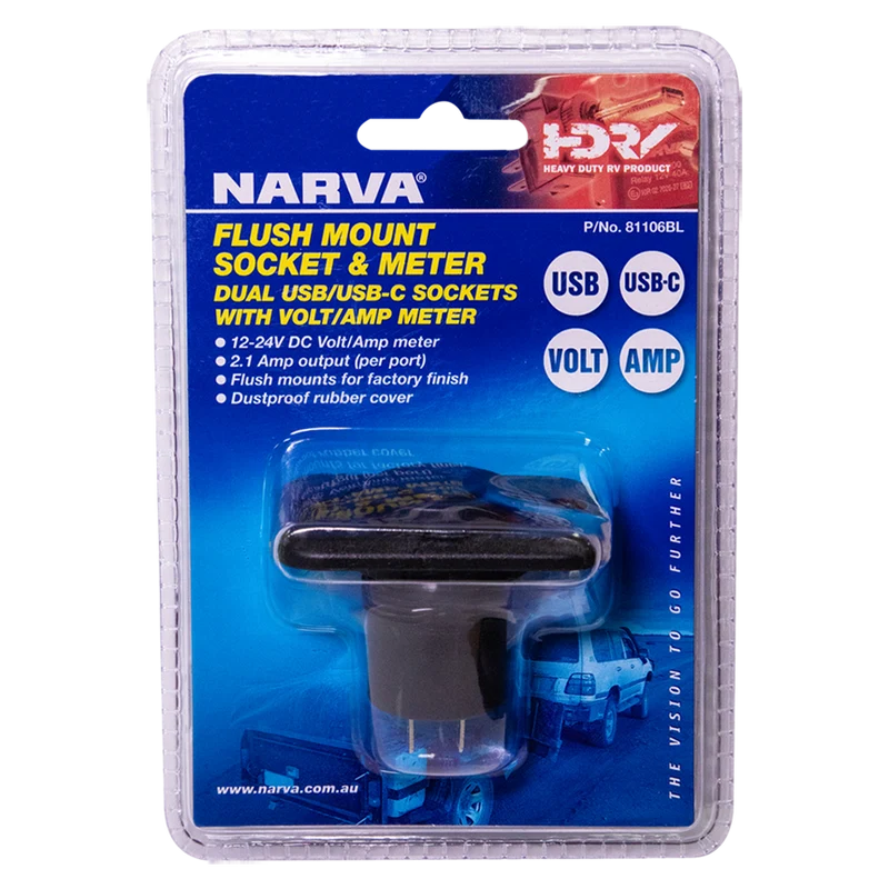 NARVA Heavy-Duty USB/USB-C Socket With Volt/Amp Meter