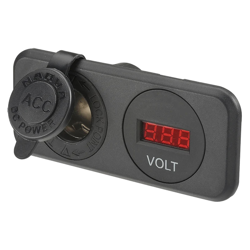 Heavy-Duty Twin Flush Mount Accessory Socket/12/24V DC LED Volt Meter - Black Housing