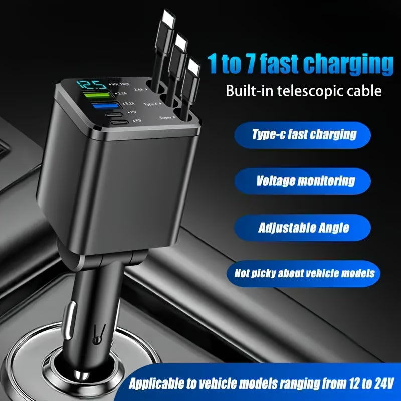 Car Charger, 5080 Super Fast Charging Retractable Cable 7-In-1 Car Charger