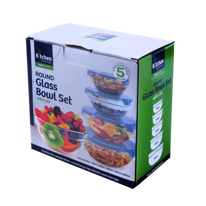 Glass Round Nesting Bowl Set With Lid Set 5pc