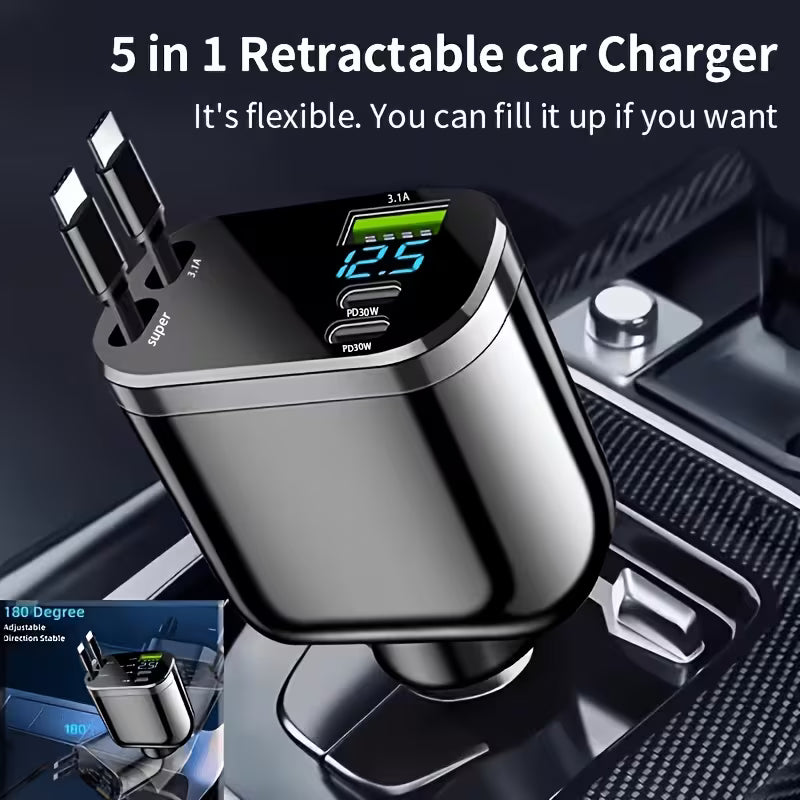 5 IN 1 RETRACTABLE CAR CHARGER TYPE C - CIGARETTE PLUG