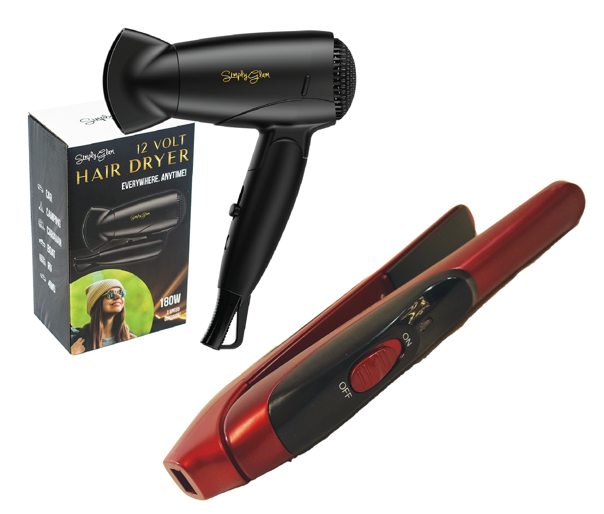 12V Pack Portable Hair Dryer & Straightener Red