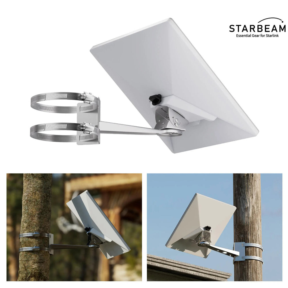 STARBEAM Starlink Mini Light Pole Mount – Stainless Steel Clamps with 360° Adjustable Arm