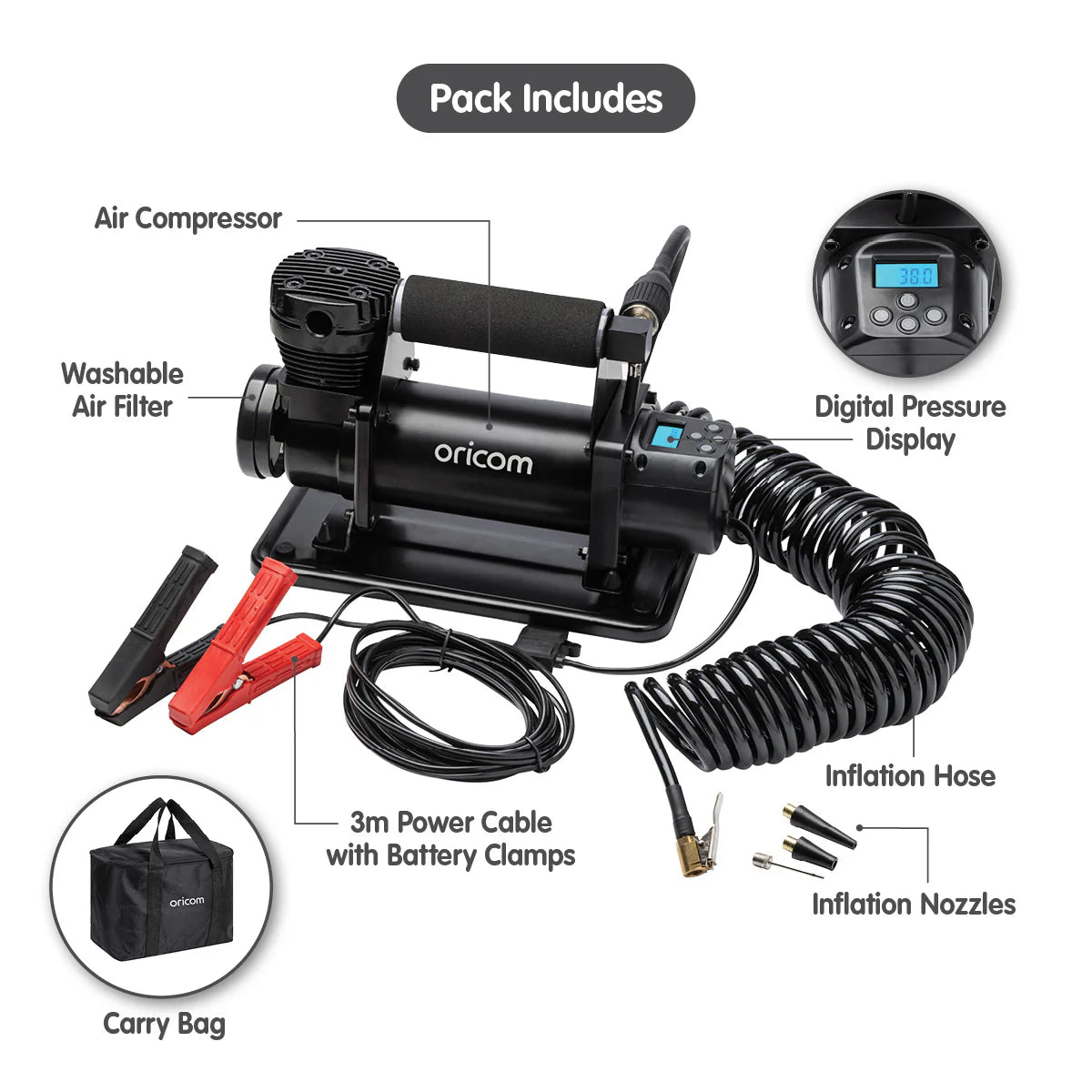 Oricom AIR20 Portable Air Compressor with Backlit Digital Display
