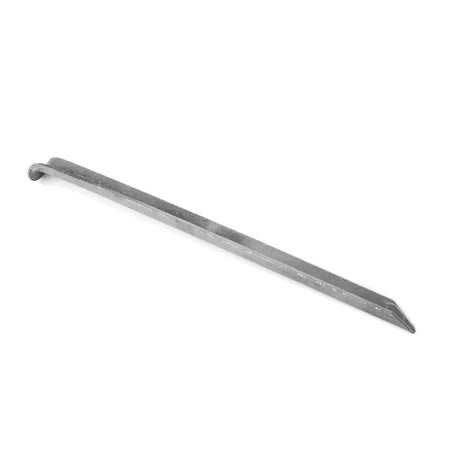A single long metal stake or post with a pointed tip and a small curved section at one end, shown on a plain white background.